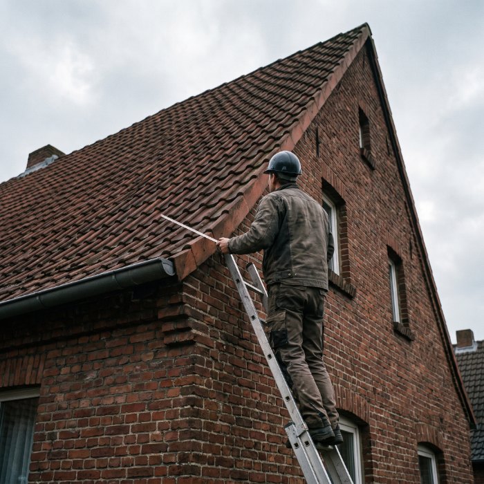 Dachdecker beim Aufmaß auf der Leiter