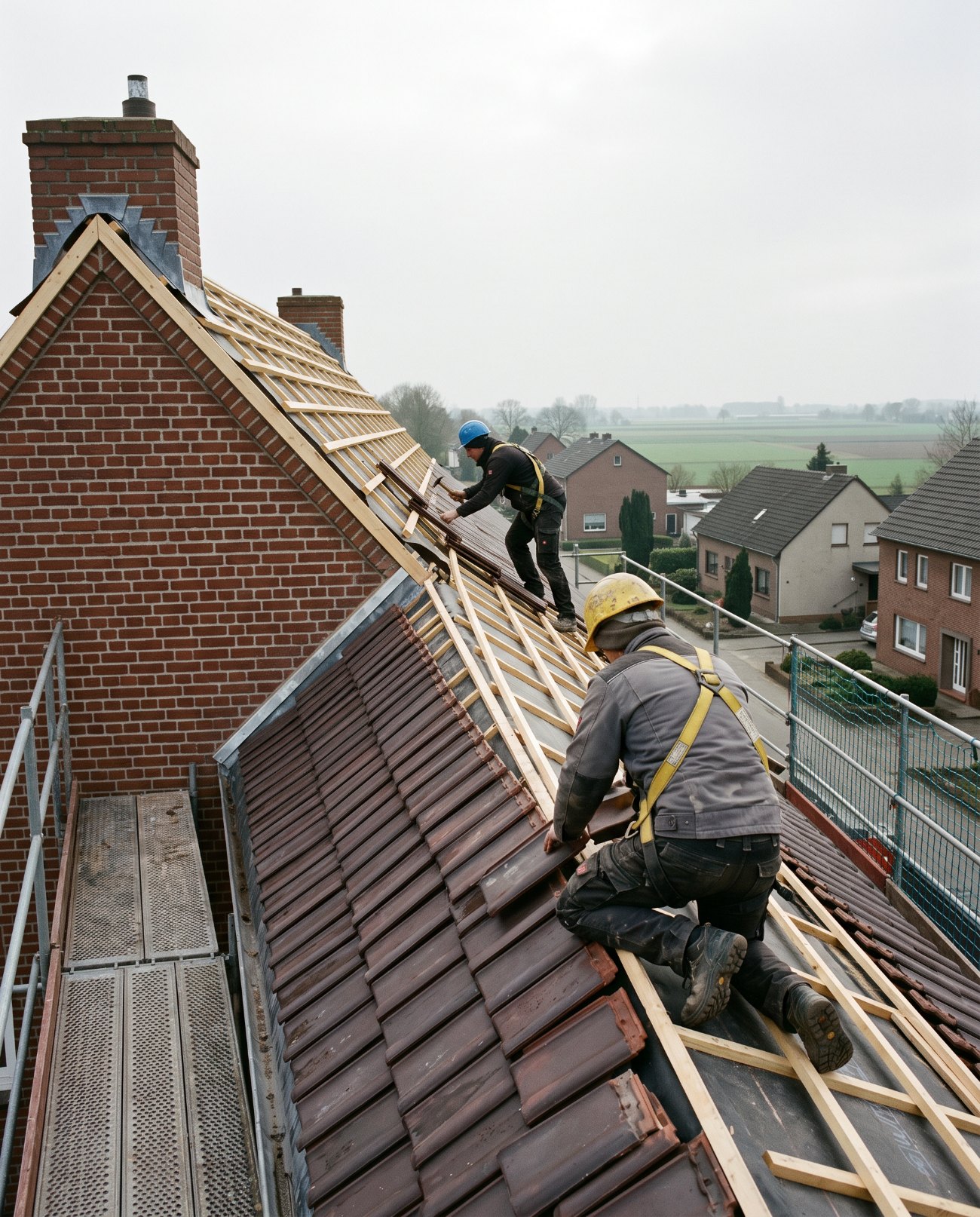 Dachdecker decken ein Steildach am Niederrhein neu ein