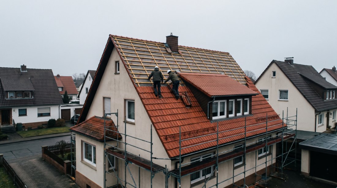 Neueindeckung eines Steildachs mit Tonziegeln