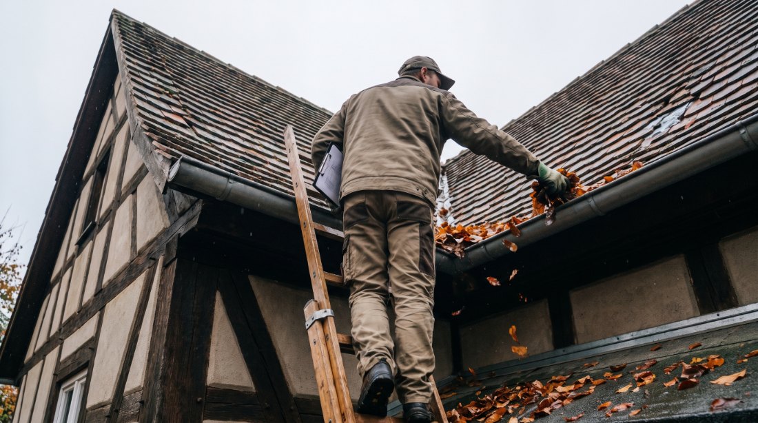 Dachdecker reinigt und kontrolliert die Dachrinne